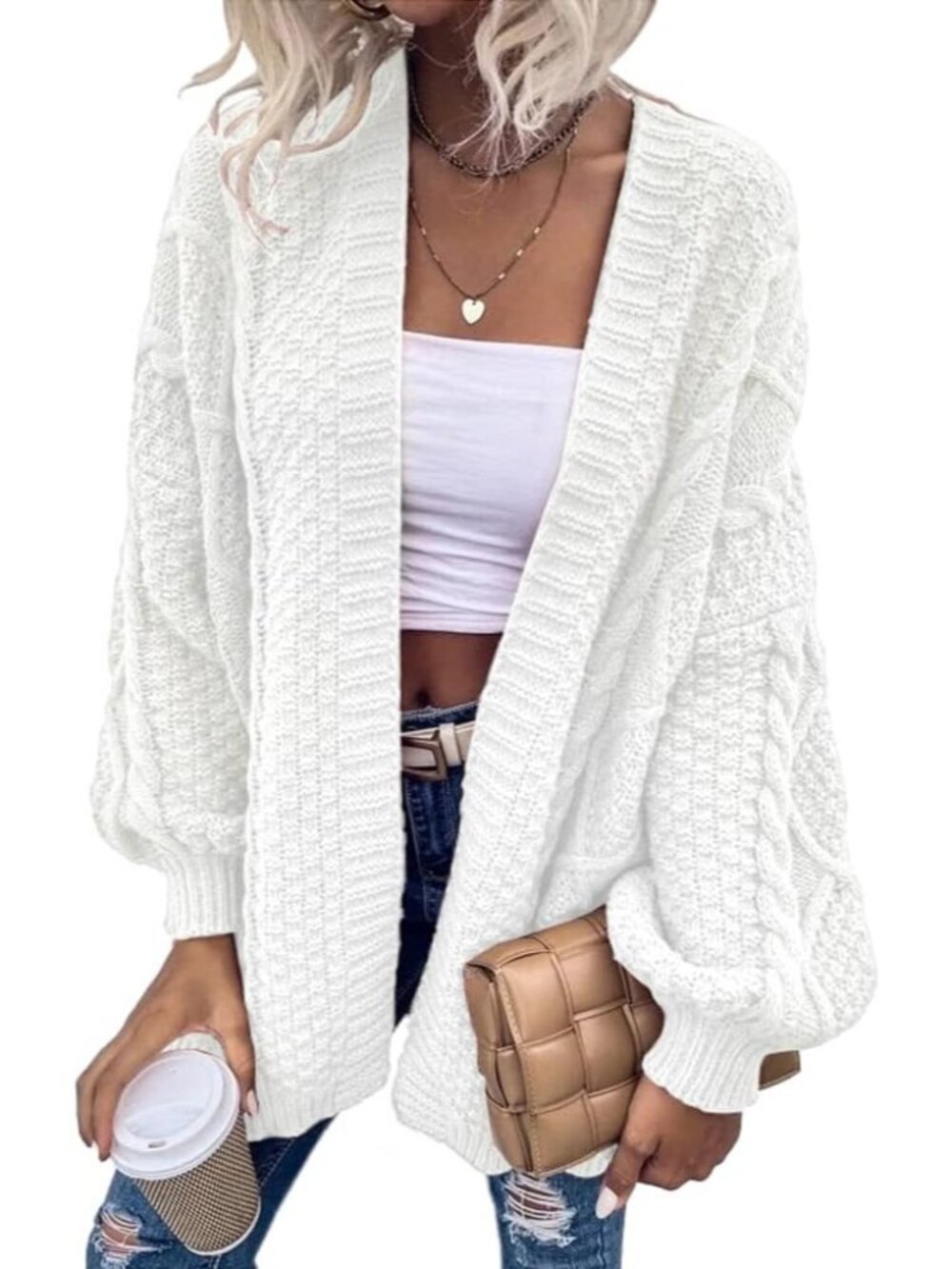 Women's White Lantern Style Long Sleeve Oversized Knit Cardigan Sweater